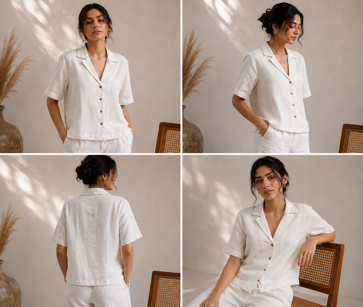 Ivory linen shirt and trouser co-ord set shown from multiple angles