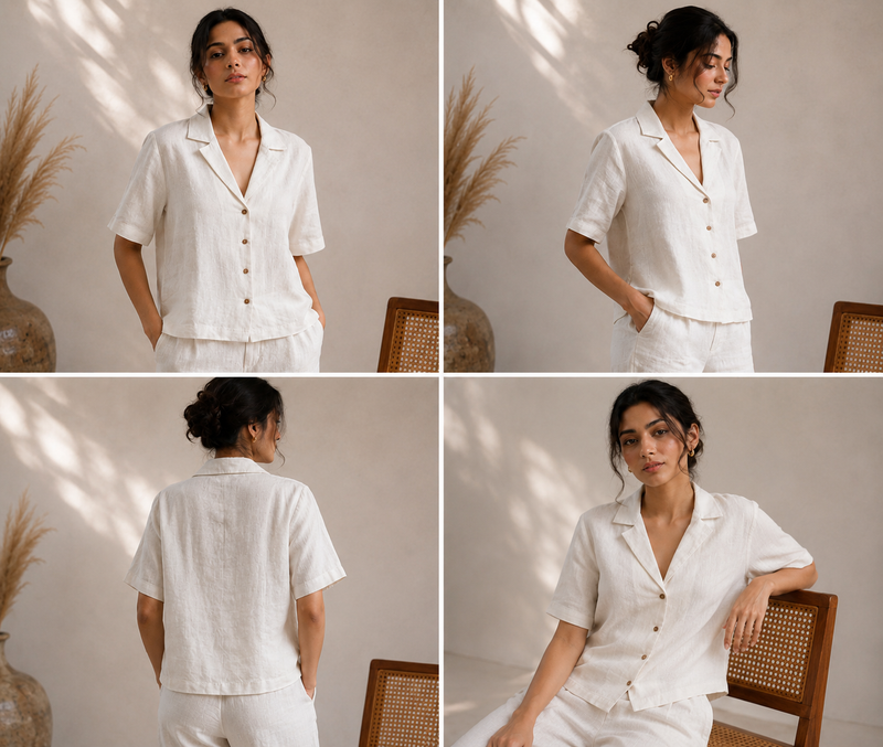 Ivory linen shirt and trouser co-ord set shown from multiple angles