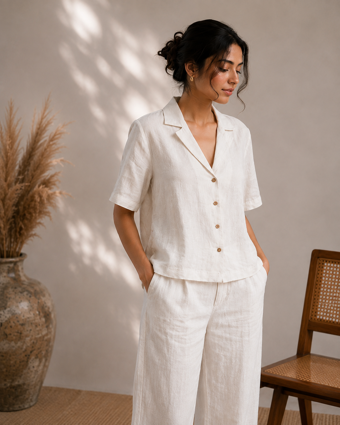 Front view of ivory linen shirt and wide-leg trousers