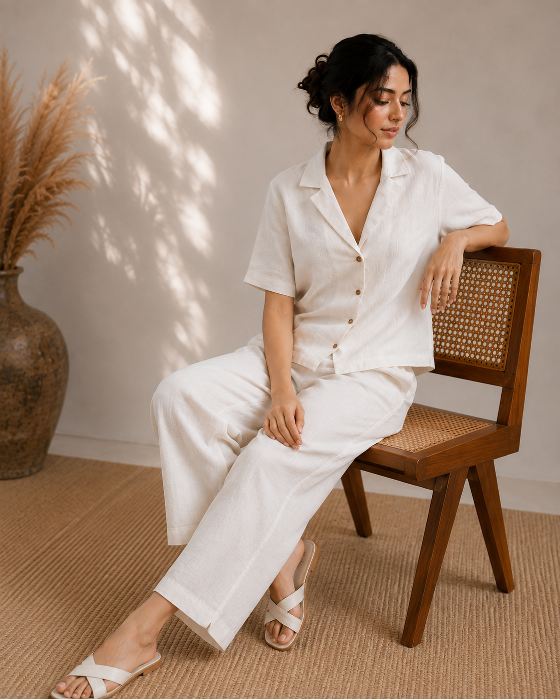 Seated view of ivory linen co-ord set