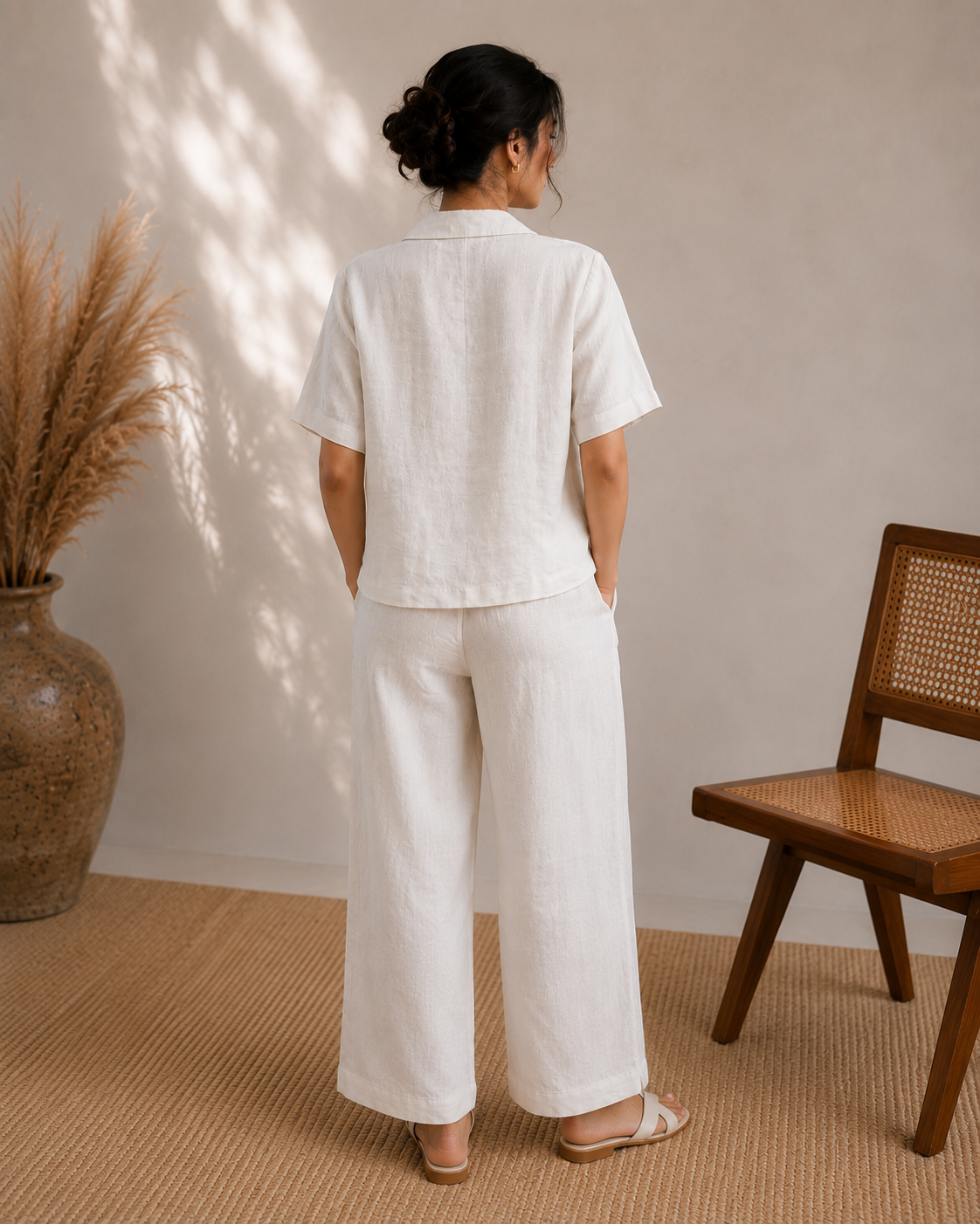 Back view of ivory linen shirt and trousers