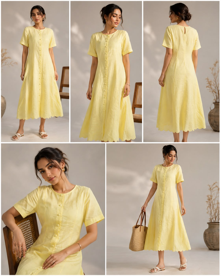 Limoncello Scallop-Hem Linen Midi Dress