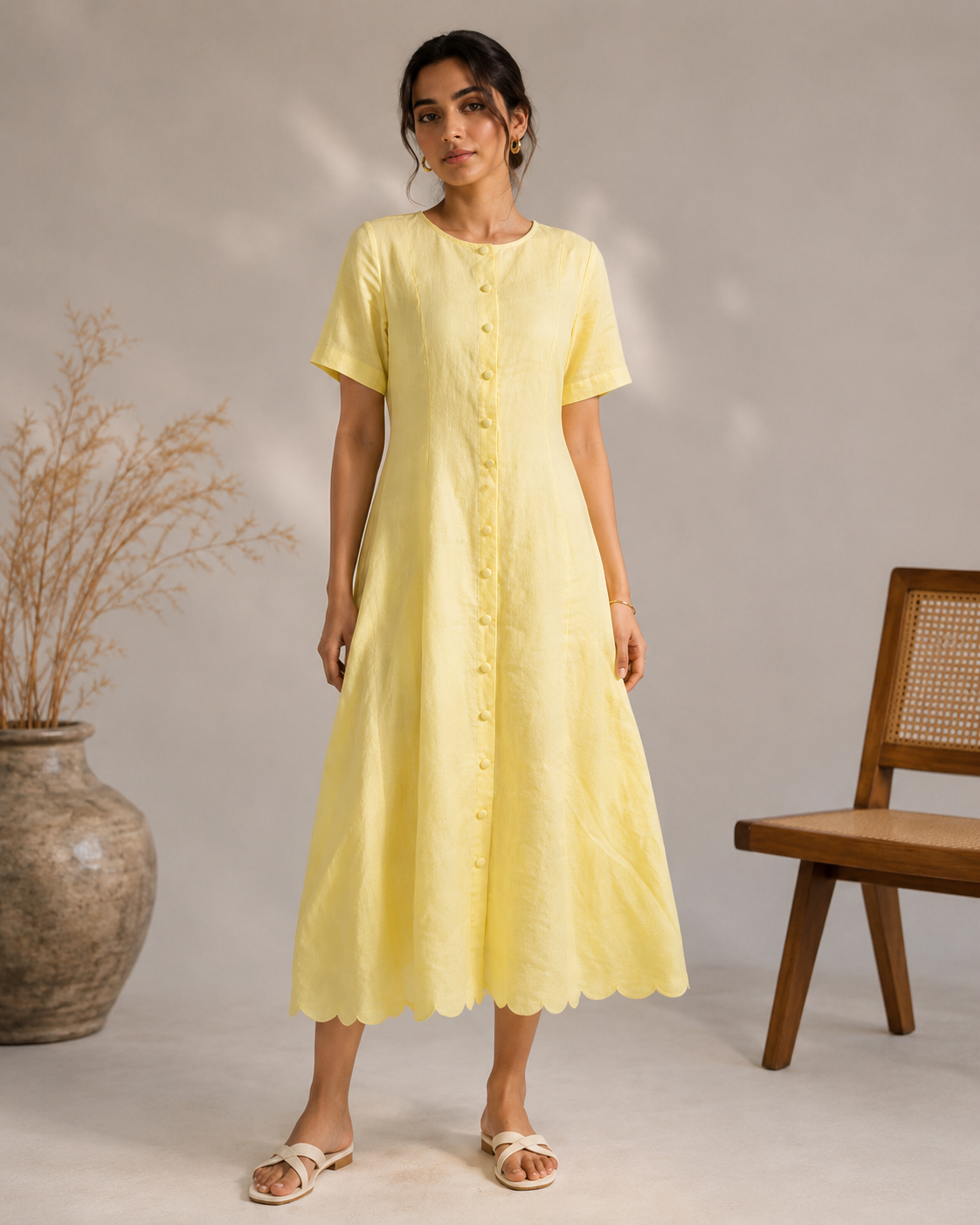 Front view of yellow scallop-hem linen midi dress