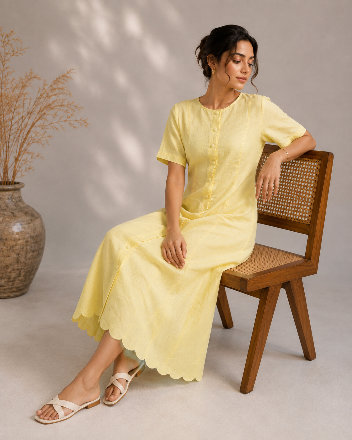 Seated view of yellow linen midi dress