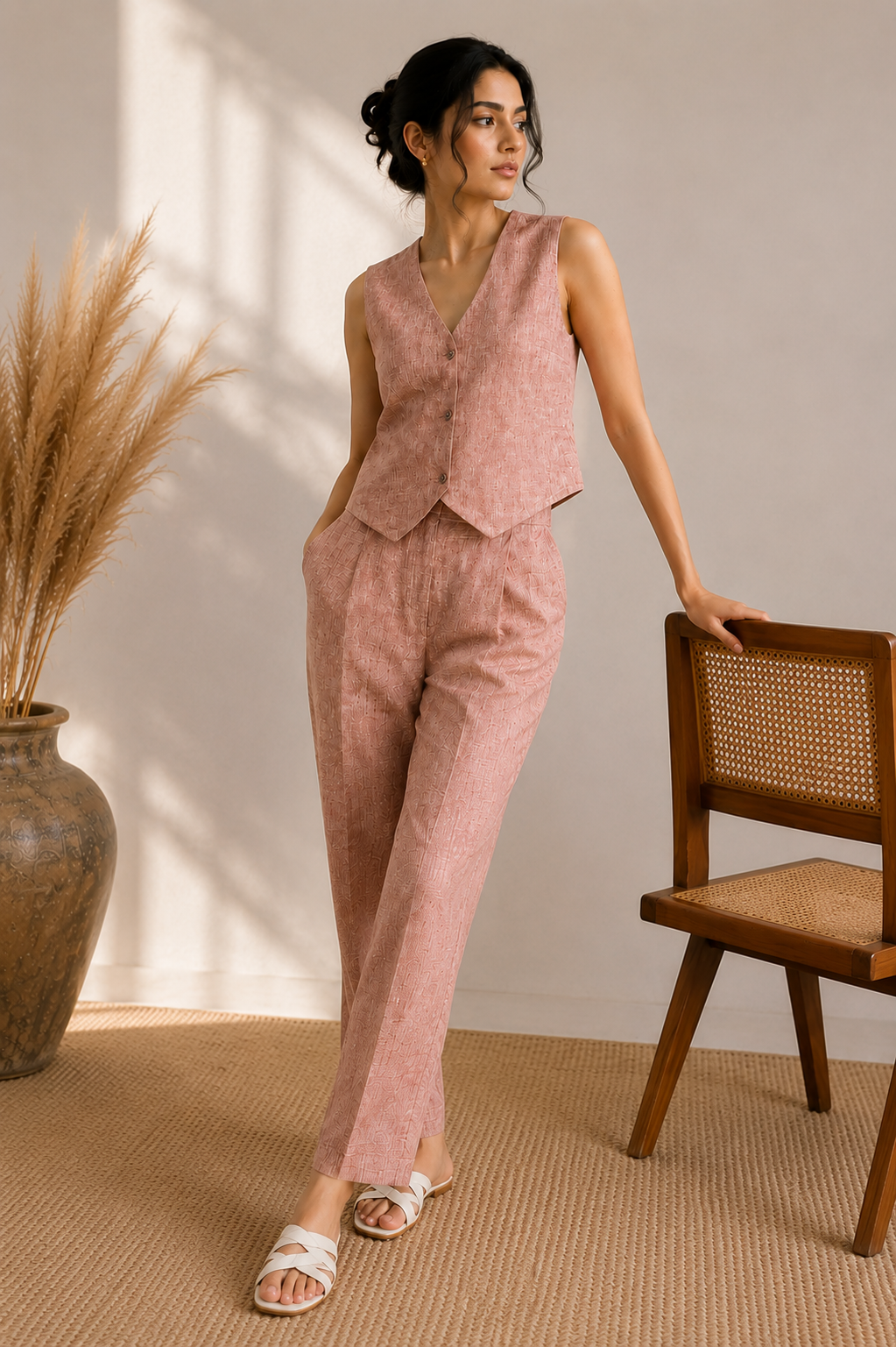 Rosewood linen vest and trouser co-ord front view