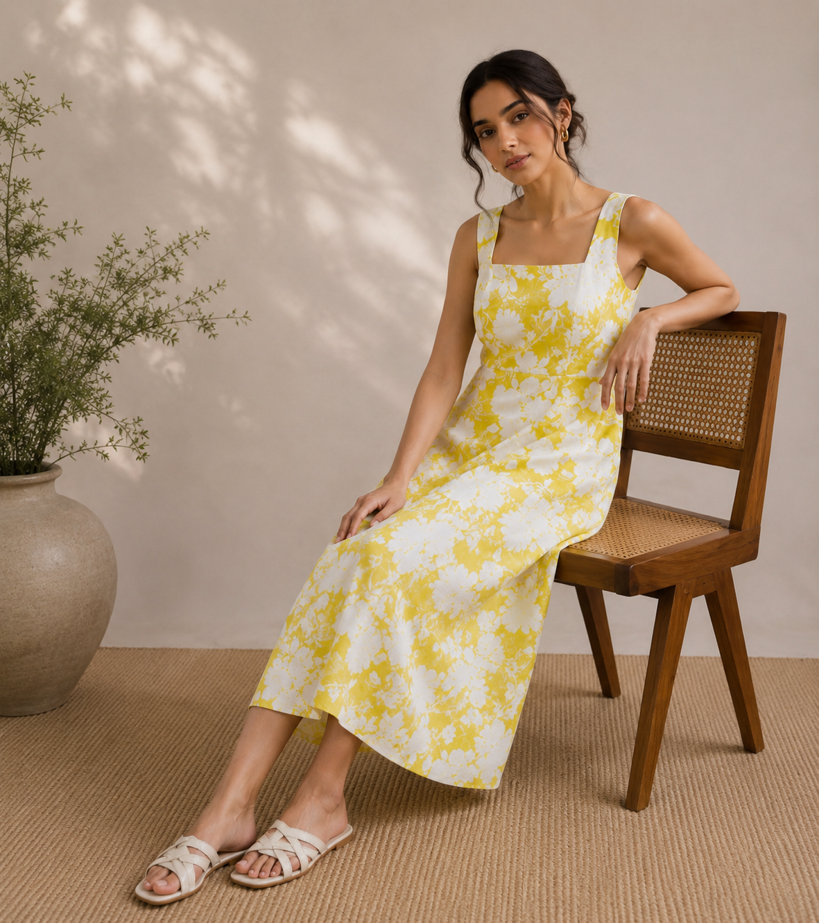 Sunlit Blooms floral linen midi dress seated view