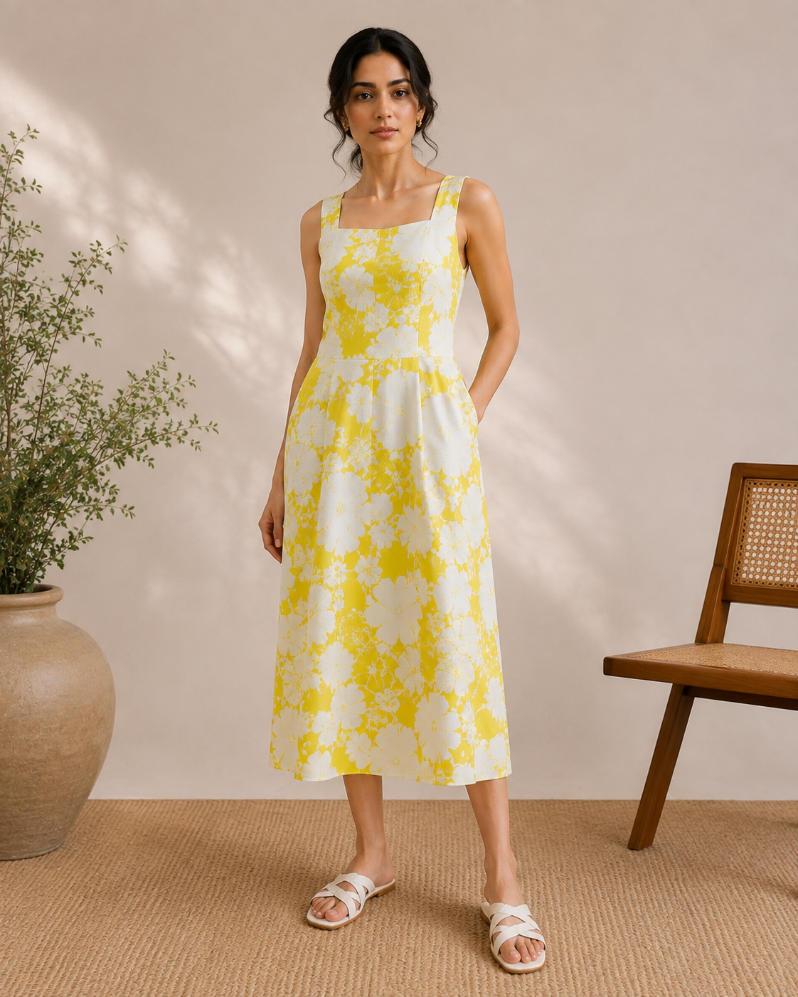 Sunlit Blooms floral linen midi dress front view