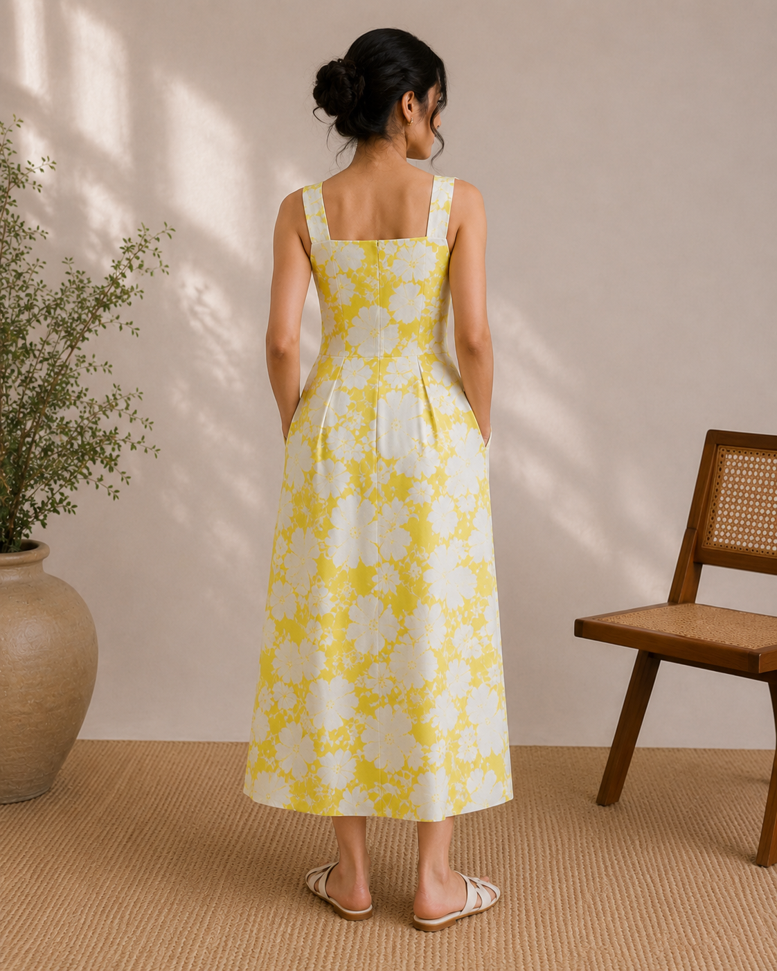Sunlit Blooms floral linen midi dress back view